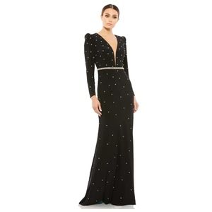Mac Duggal Belted Jewel Encrusted Plunge Neck Long Sleeve Gown / Size 12